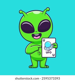 Cute Alien Holding Ufo Card Game Cartoon Vector Icon Illustration. Science Technology Icon Concept Isolated Premium Vector. Flat Cartoon Style