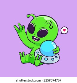 Cute Alien Holding Ufo Cartoon Vector Icon Illustration. Science Technology Icon Concept Isolated Premium Vector. Flat Cartoon Style