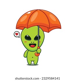 cute alien holding umbrella cartoon vector illustration.