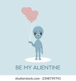 Un lindo alien sostiene globos con forma de corazón. Una tarjeta que dice ser mi aliento. Postales para el Día de San Valentín.