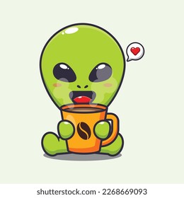 Cute alien with hot coffee cartoon vector illustration. Vector cartoon Illustration suitable for poster, brochure, web, mascot, sticker, logo and icon.