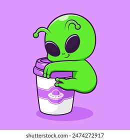 Cute Alien Hug Coffee Cup Cartoon Vector Icon Illustration. Science Drink Icon Concept Isolated Premium Vector. Flat Cartoon Style