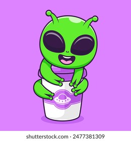 Lindo Alien Abrazo Taza De Café Ilustración De Icono De Vector De Dibujos Animados. Ciencia Bebida Icono Concepto Aislado Vector Premium. Estilo plano de dibujos animados