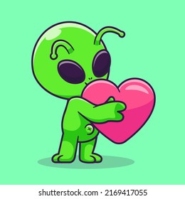 Cute Alien Hug Love Heart Cartoon Vector Icon Illustration. Science Technology Icon Concept Isolated Premium Vector. Flat Cartoon Style