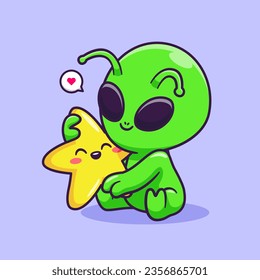 Cute Alien Hug Star Cartoon Vector Icon Illustration. Science Technology Icon Concept Isolated Premium Vector. Flat Cartoon Style