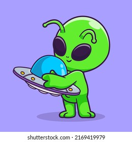 Cute Alien Hug Ufo Toy Cartoon Vector Icon Illustration. Science Technology Icon Concept Isolated Premium Vector. Flat Cartoon Style