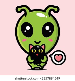 cute alien hugging a black cat