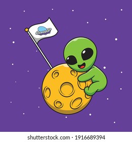 Cute Alien Hugging the Moon Cartoon Illustration