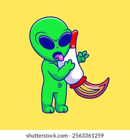 Cute Alien Hugging A Rocket Spaceship Cartoon Vector Illustration. Science Technology Concept. Flat Cartoon Outline Style.