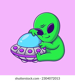 Cute Alien Hugging Ufo Spaceship Cartoon Vector Icons Illustration. Flat Cartoon Concept. Suitable for any creative project.