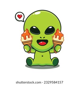 cute alien with ice cream cartoon vector illustration.