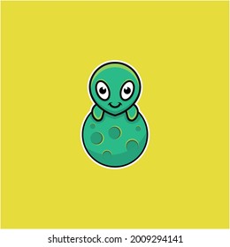 cute alien illustration on planet cartoon style
