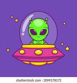 cute alien inside colorful ufo