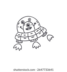 cute alien inside ufo in doodle style. Coloring page. Vector illustration