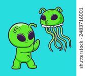 Cute Alien With Jellyfish Alien Cartoon Vector Icon Illustration. Science Animal Icon Concept Isolated Premium Vector. Flat Cartoon Style