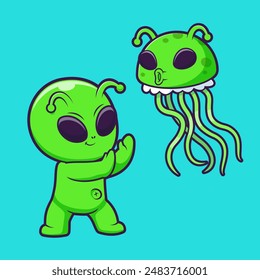 Cute Alien With Jellyfish Alien Cartoon Vector Icon Illustration. Science Animal Icon Concept Isolated Premium Vector. Flat Cartoon Style