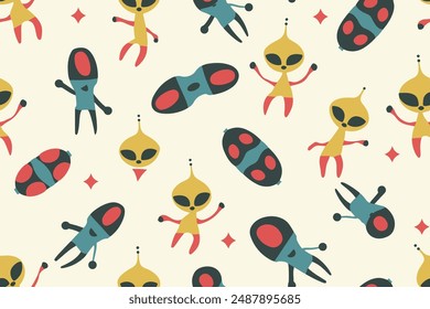 Cute alien kids textile pattern. Fabric design cosmos star little monsters for children clothes. Cartoon space aliens character vector illustration