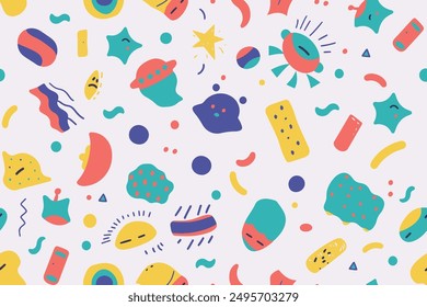  Cute alien kids textile pattern. Fabric design cosmos star little monsters for children clothes. Cartoon space aliens character vector illustration