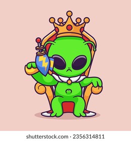 Cute Alien King Sitting On Throne With Crown Cartoon Vector Icon Illustration. Science Finance Icon Concept Isolated Premium Vector. Flat Cartoon Style