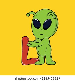 Cute Alien with L Letter Cartoon Sticker vector illustration