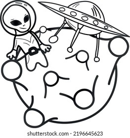 
a cute alien landed on a flying saucer on a miniature planet. Vector image is good for printing on anything