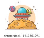 Cute Alien Landing on Planet with UFO and Planet Space Vector Illustration. Flat Cartoon Style Suitable for Web Landing Page,  Banner, Flyer, Sticker, Wallpaper, Card, Background