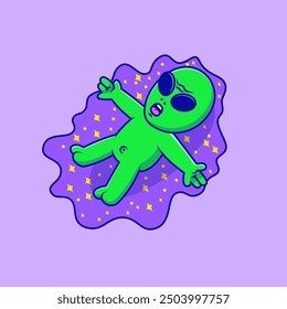 Cute Alien Laying Down On A Space Puddle Cartoon Vector Icon Illustration. Science Technology Concept. Flat Cartoon Style.