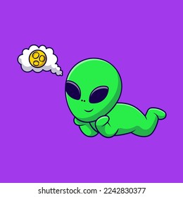 Cute Alien Laying With Dream Moon Cartoon Vector Icons Illustration. Flat Cartoon Concept. Suitable for any creative project.