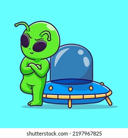 Cute Alien Lean On Ufo Cartoon Vector Icon Illustration. Science Technology Icon Concept Isolated Premium Vector. Flat Cartoon Style