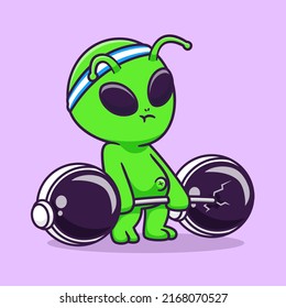 Cute Alien Lifting Astronaut Helmet Barbell Cartoon Vector Icon Illustration Science Sport Icon Concept Isolated Premium Vector. Flat Cartoon Style