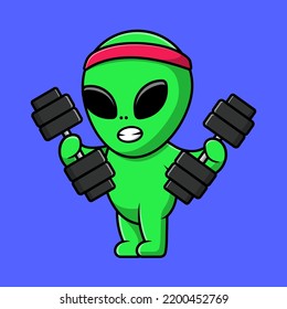 Cute Alien Lifting Barbell Cartoon Vector Icon Illustration. Flat Cartoon Concept
