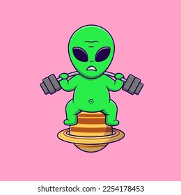 Cute Alien Lifting Barbell On Planet Cartoon Vector Icons Illustration. Flat Cartoon Concept. Suitable for any creative project.