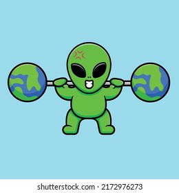 Cute Alien Lifting Earth Barbell Cartoon Vector Icon Illustration. Science Sport Icon Concept Isolated Premium Vector.