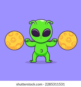 Cute Alien Lifting Moon Barbell Cartoon Vector Icon Illustration. Science Sport Icon Concept Isolated Premium Vector. Flat Cartoon Style