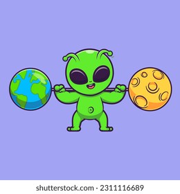 Cute Alien Lifting Moon Barbell Cartoon Vector Icon Illustration. Science Sport Icon Concept Isolated Premium Vector. Flat Cartoon Style