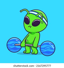 Cute Alien Lifting Planet Barbell Cartoon Vector Icon Illustration Science Sport Icon Concept Isolated Premium Vector. Flat Cartoon Style