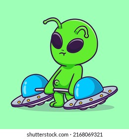 Cute Alien Lifting Ufo Barbell Cartoon Vector Icon Illustration Science Sport Icon Concept Isolated Premium Vector. Flat Cartoon Style