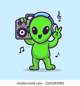 Cute Alien Listening Music With Boombox And Headphone Cartoon Vector Icon Illustration. Science Technology Icon Concept Isolated Premium Vector. Flat Cartoon Style