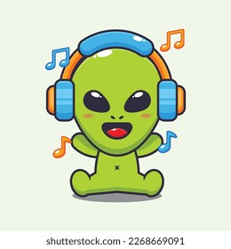 Cute alien listening music with headphone cartoon vector illustration. Vector cartoon Illustration suitable for poster, brochure, web, mascot, sticker, logo and icon.