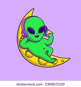 Cute Alien Listening Music With Headphone And Handphone On Moon Cartoon Vector Icons Illustration. Flat Cartoon Concept. Suitable for any creative project.