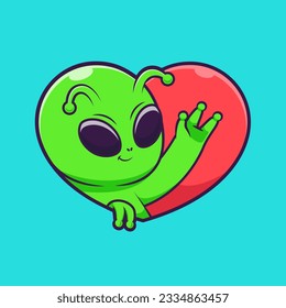 Cute Alien Love Heart Sign Cartoon Vector Icon Illustration. Science Holiday Icon Concept Isolated Premium Vector. Flat Cartoon Style