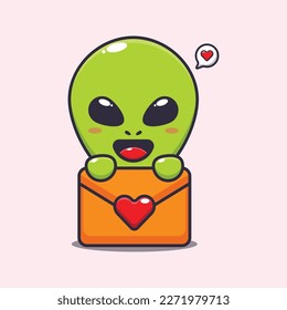 Cute alien with love message cartoon vector Illustration.