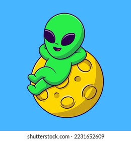 Cute Alien Lying On Moon Cartoon Vector Icons Illustration. Flat Cartoon Concept. Suitable for any creative project.
