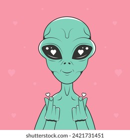 El alienígena lindo hace gesto de mini corazón con el dedo. Afiche del día de San Valentín. Estilo retro.