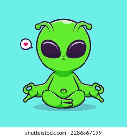 Cute Alien Meditation Yoga Cartoon Vector Icon Illustration. Science Technology Icon Concept Isolated Premium Vector. Flat Cartoon Style