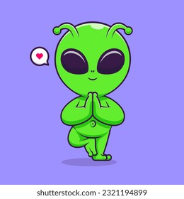 Cute Alien Meditation Yoga Cartoon Vector Icon Illustration. Science Sport Icon Concept Isolated Premium Vector. Flat Cartoon Style