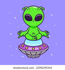 Cute Alien Meditation Yoga On Ufo Cartoon Vector Icon Illustration. Science Sport Icon Concept Isolated Premium Vector. Flat Cartoon Style