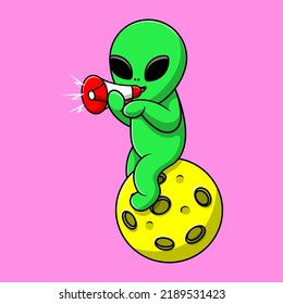 Cute Alien With Megaphone On Moon Cartoon Vector Icon Illustration. Science Technology Flat Cartoon Concept