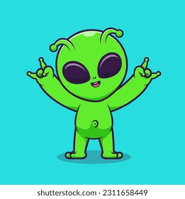 Cute Alien With Metal Hand Cartoon Vector Icon Illustration. Science Technology Icon Concept Isolated Premium Vector. Flat Cartoon Style