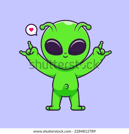 Cute Alien With Metal Hand Pose Cartoon Vector Icon Illustration. Science Technology Icon Concept Isolated Premium Vector. Flat Cartoon Style